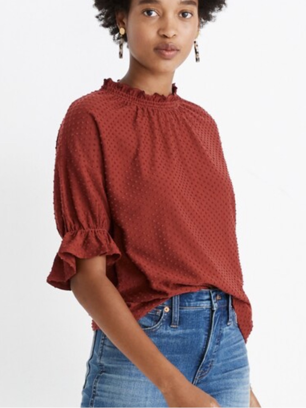 Madewell Clipdot Ruffle Top in brown red size small